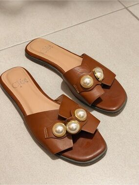 Clee Brown Leather Slide Mules with Pearl & Gold Accents
